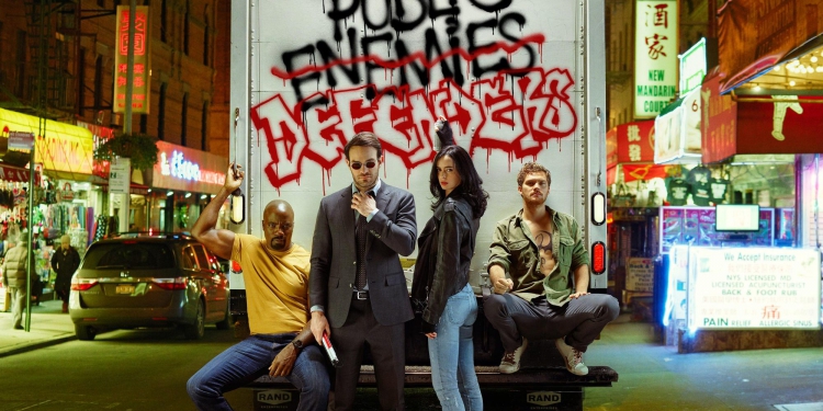 The Defenders, Mike Colter as Luke Cage, Charlie Cox as Daredevil, Krysten Ritter as Jessica Jones, and Finn Jones as Iron Fist, photographed for Entertainment Weekly on December 10th, 2016, by Finlay Mackay in Brooklyn, New York.