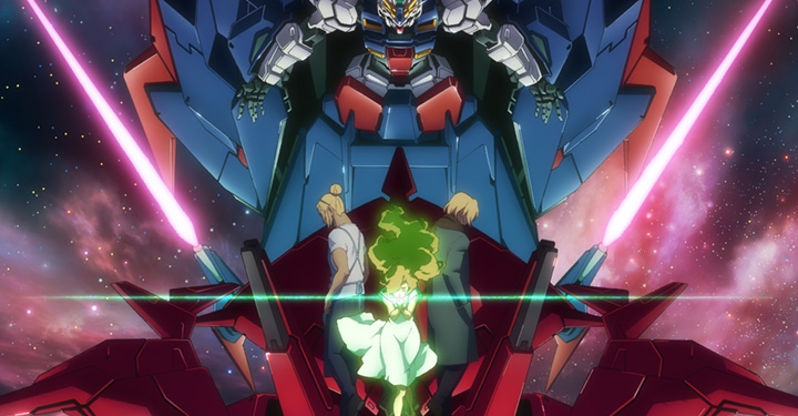 Cromo conmemorativo con los gundam de Origin, Thunderbolt y Twilight AXIS.