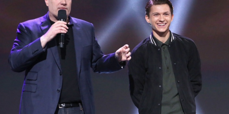 ANAHEIM, CA - JULY 15:  Producer Kevin Feige (L) and actor Tom Holland of AVENGERS: INFINITY WAR took part today in the Walt Disney Studios live action presentation at Disney's D23 EXPO 2017 in Anaheim, Calif. AVENGERS: INFINITY WAR will be released in U.S. theaters on May 4, 2018.  (Photo by Jesse Grant/Getty Images for Disney)
