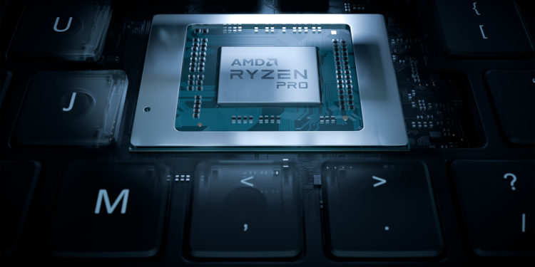 Stylized render of AMD Ryzen RPO Mobile Processor inside a laptop