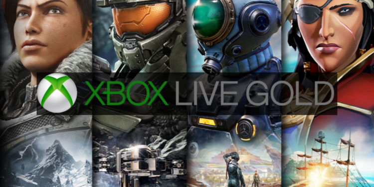 De izquierda a derecha se presentan imágenes de Gears 5, Halo, The Outer Worlds y Sea of Thieves. En el centro el logo de Xbox Live Gold