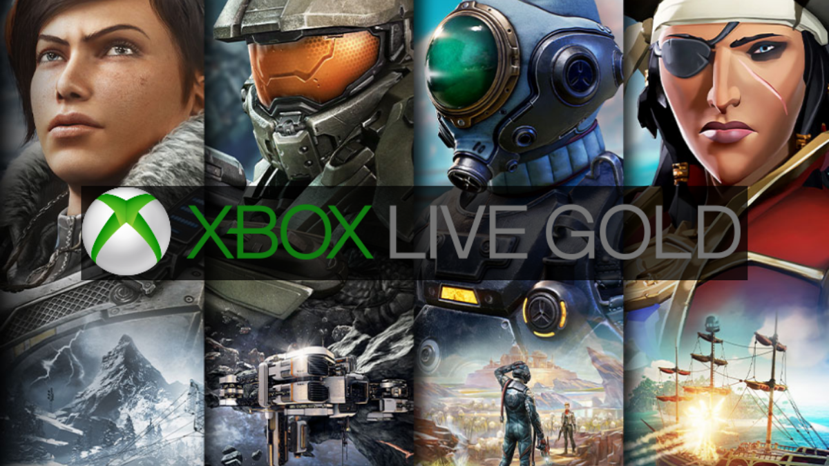 De izquierda a derecha se presentan imágenes de Gears 5, Halo, The Outer Worlds y Sea of Thieves. En el centro el logo de Xbox Live Gold
