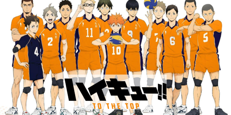 En la imagen se ven los miembros del equipo de voleibol de la Preparatoria Karasuno en un uniforme de color naranjo. A la izquierda uno de los miembros del equipo usa un uniforme de color negro con rayas naranjas. En la sección inferior central, en japonés se lee Haikyuu!! y en inglés "to the top".