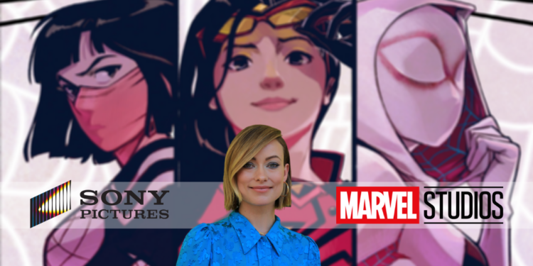 Se lee Sony Pictures y Marvel Studios. En el fondo se ve a las superheoínas Silk, Spider-Woman y Spider-Gwen. En el centro se ve a Olivia Wilde.