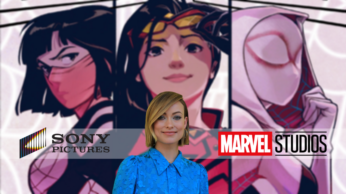 Se lee Sony Pictures y Marvel Studios. En el fondo se ve a las superheoínas Silk, Spider-Woman y Spider-Gwen. En el centro se ve a Olivia Wilde.