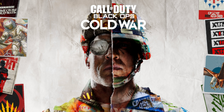 Se lee Call of Duty Black Ops Cold War. En la imagen se ven dos personas divididas en el medio. Una llena de elementos característicos de los soviéticos, la otra con elementos característicos estadounidenses.