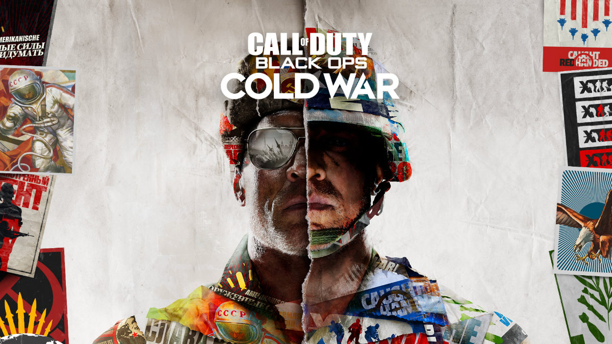 Se lee Call of Duty Black Ops Cold War. En la imagen se ven dos personas divididas en el medio. Una llena de elementos característicos de los soviéticos, la otra con elementos característicos estadounidenses.