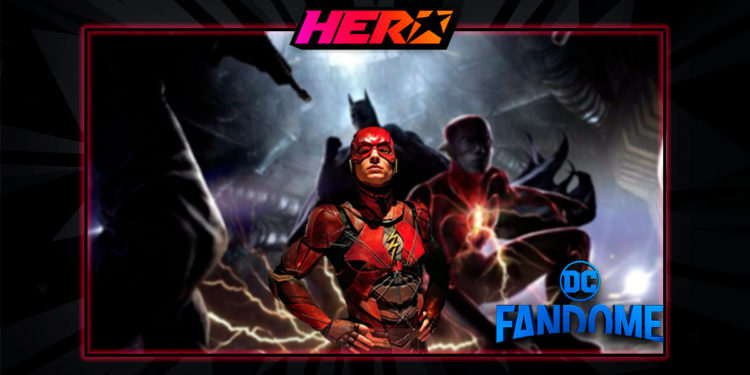 En la parte superior se lee Hero. En la parte inferior se lee DC FanDome. En el centro se ve a Ezra Miller como flash y de fondo un arte conceptual que muestra a Flash y Batman.