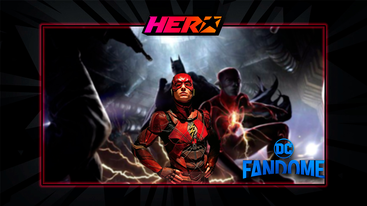 En la parte superior se lee Hero. En la parte inferior se lee DC FanDome. En el centro se ve a Ezra Miller como flash y de fondo un arte conceptual que muestra a Flash y Batman.