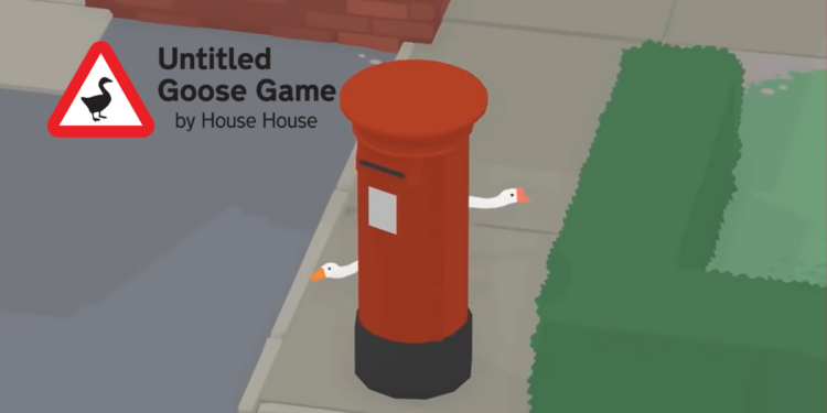 Se lee Untitled Goose Game by House House y se ve un buzón donde se asoman dos gansos.
