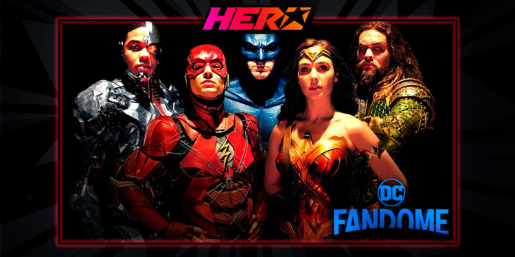 En la parte superior se lee Hero. En la parte inferior se lee DC FanDome. En el centro se ve a Cyborg, Flash, Batman, la Mujer Maravilla y Aquaman posando heroicamente.