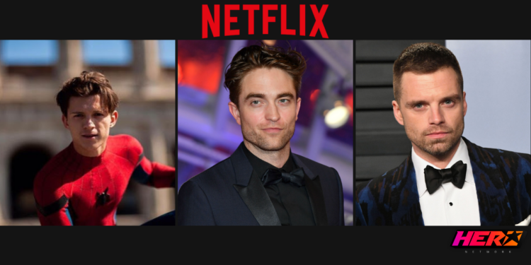En la parte superior aparece el logo de Netflix. En la parte central, se ven tres imágenes. De izquierda a derecha son los actores Tom Holland, Robert Pattinson y Sebastian Stan. En la esquina inferior derecha está el logo de HERO Network.