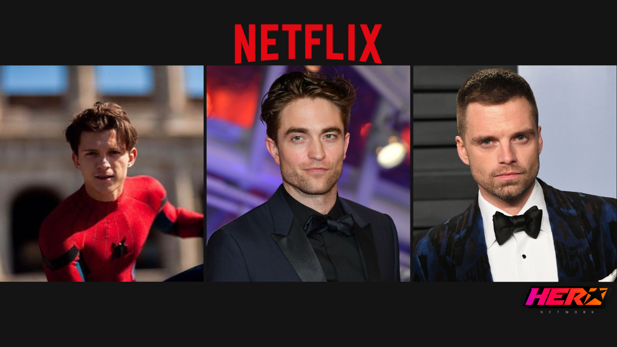 En la parte superior aparece el logo de Netflix. En la parte central, se ven tres imágenes. De izquierda a derecha son los actores Tom Holland, Robert Pattinson y Sebastian Stan. En la esquina inferior derecha está el logo de HERO Network.