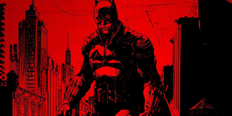 en una composición de tonos rojos y negros, se ve a Batman en el centro.