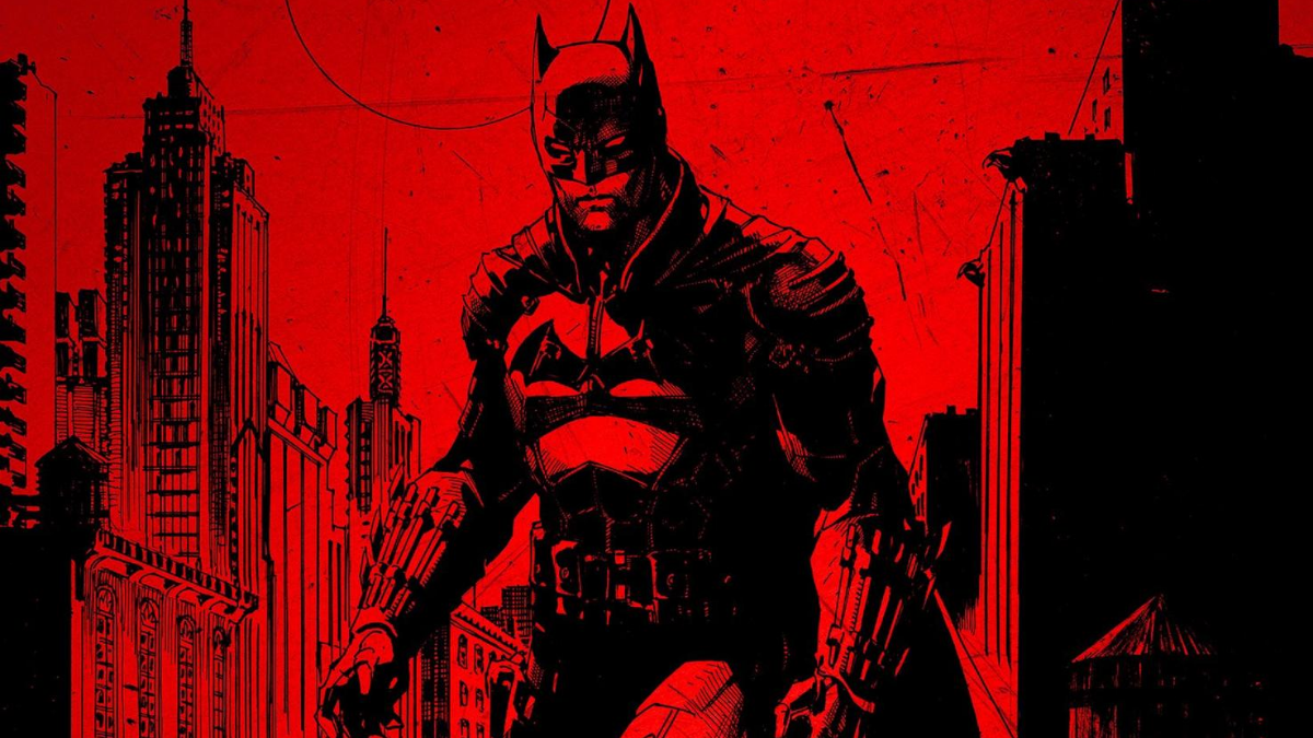 en una composición de tonos rojos y negros, se ve a Batman en el centro.