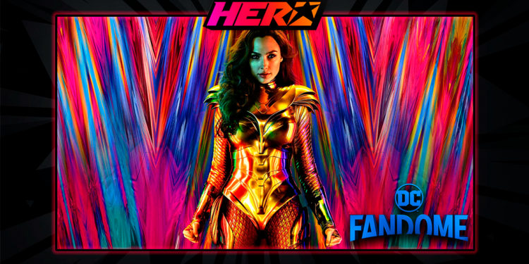 En la parte superior se lee Hero. En laparte Inferior DC FanDome. En el centro una imagen de Gal Gadot como la mujer maravilla en una armadura dorada.