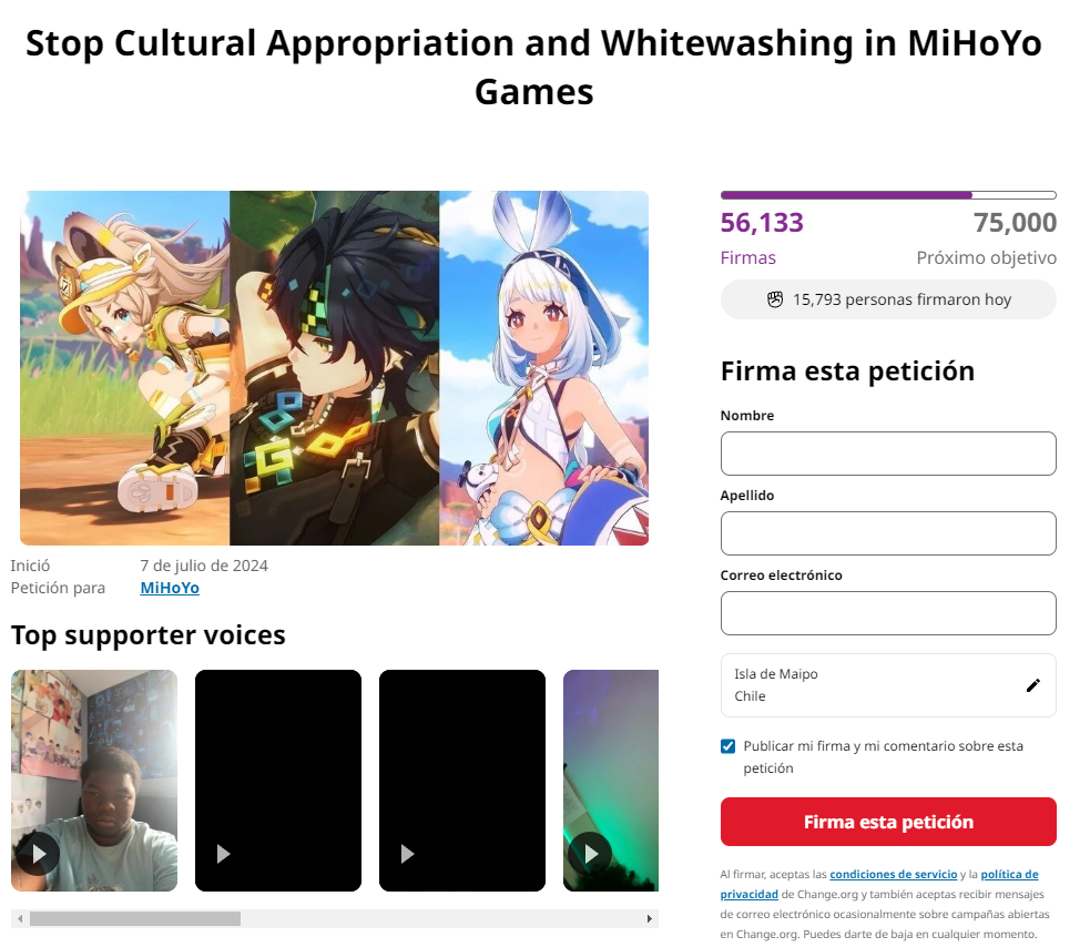 Petición solicitando que se detenga la apropiación cultural y el blanqueo en los juegos de MiHoYo.