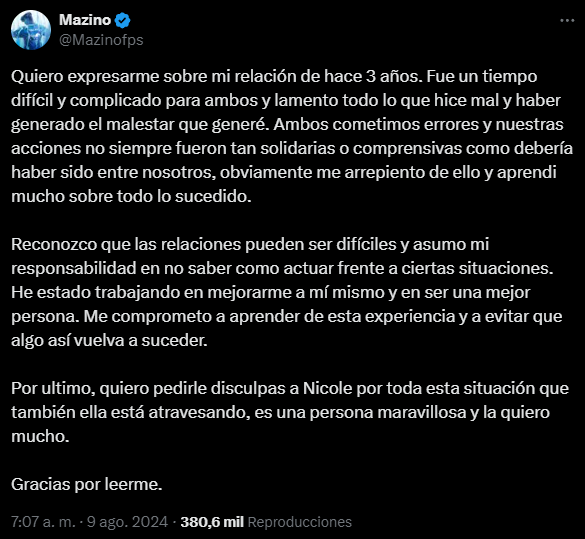 MAzino declaraciones vía X/Twitter.