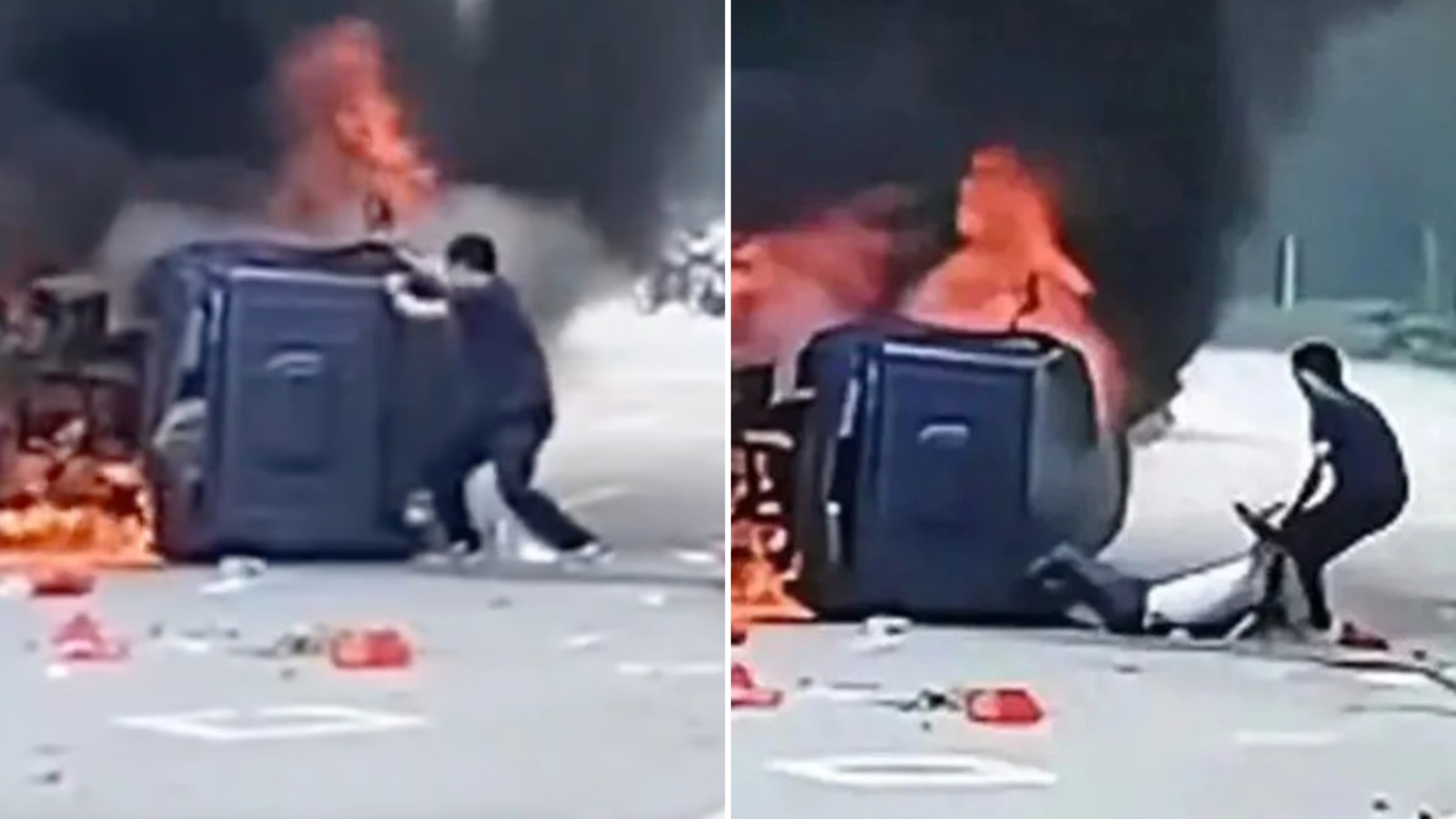 rescate auto en llamas China